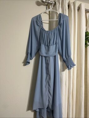 Blue Puff-Sleeve Midi Dress